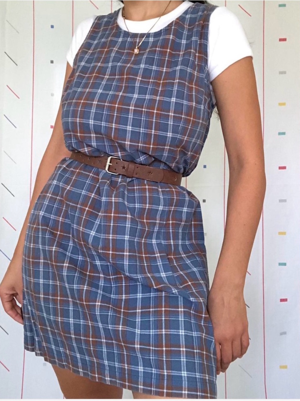 Faded Glory Plaid Sleeveless Shift Dress in Blue and Brown